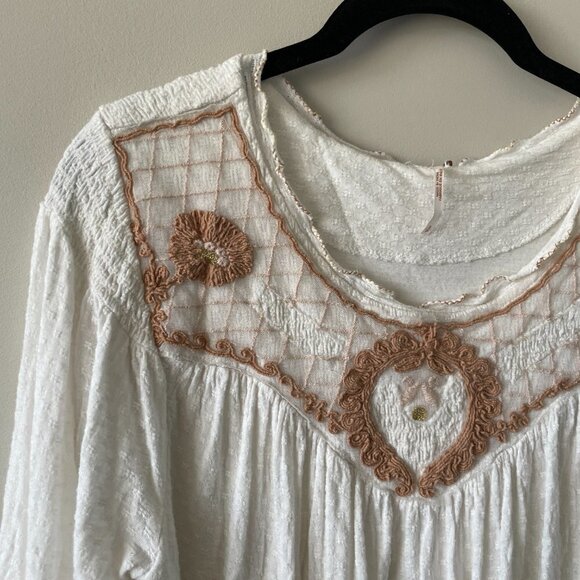 Free People Begonia Tee Embroidered Blouse Top White Brown Small - Picture 4 of 8